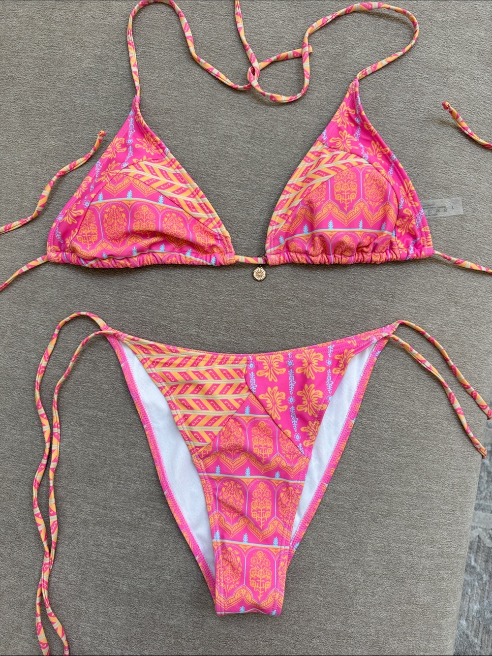 Pink & Orange Patterned Triangle String Bikini - Picture 6 of 9